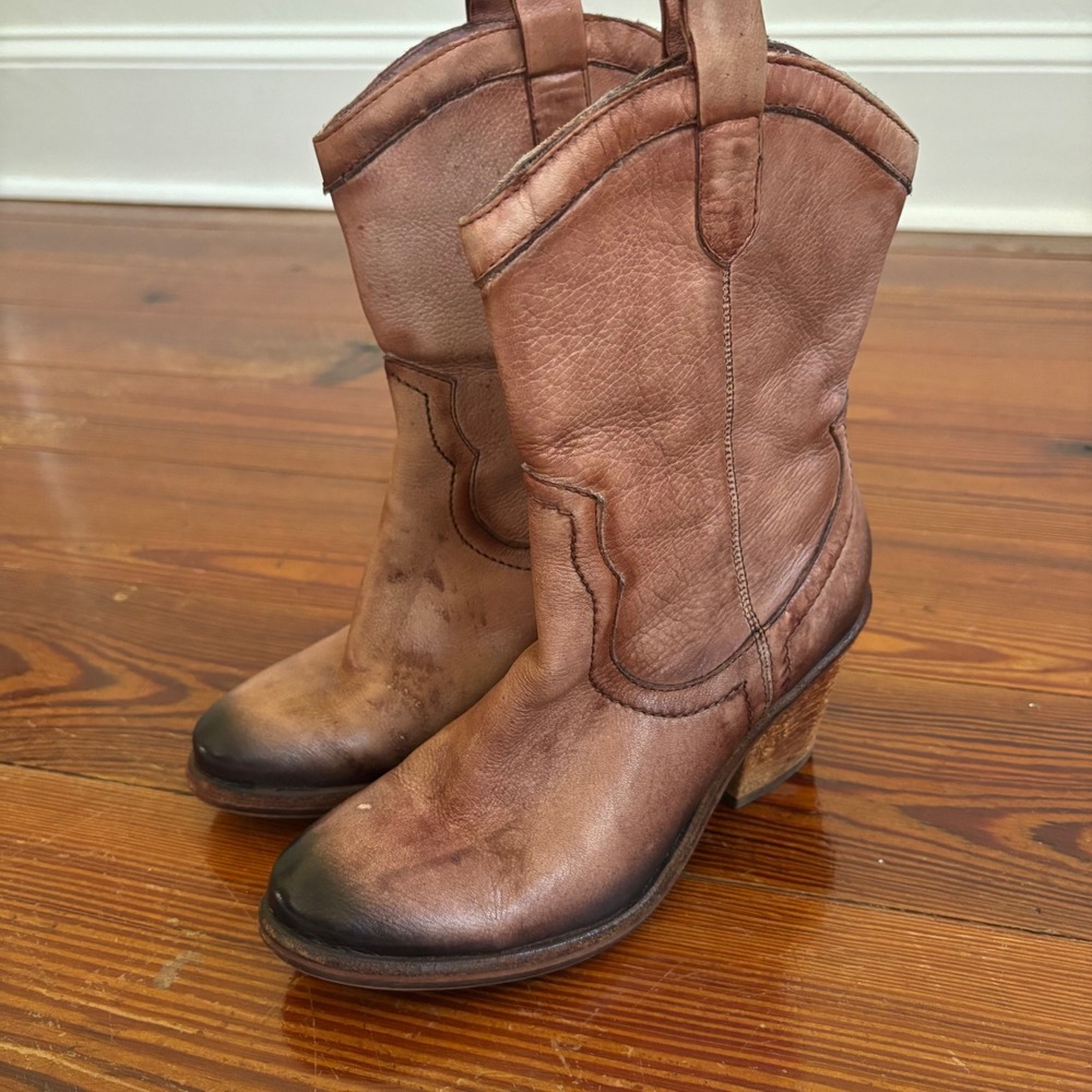 Sam Edelman Nile Cowboy Boots Distressed Brown Leather 6.5 Heeled